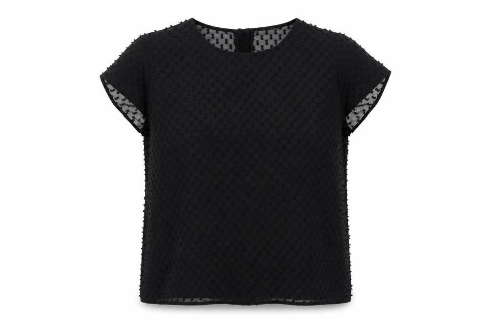 Front view of Luxe women’s black polyester basic blouse, size UK 14, round neck
