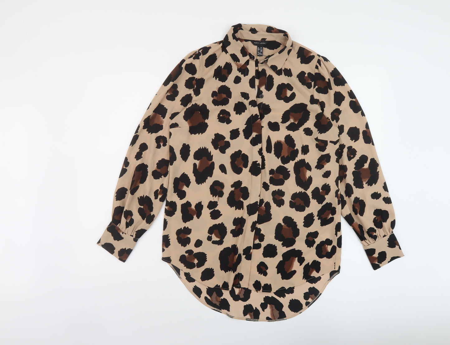 New Look Womens Brown Animal Print Polyester Basic Blouse Size 10 Collared