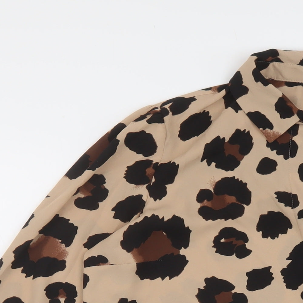 New Look Womens Brown Animal Print Polyester Basic Blouse Size 10 Collared