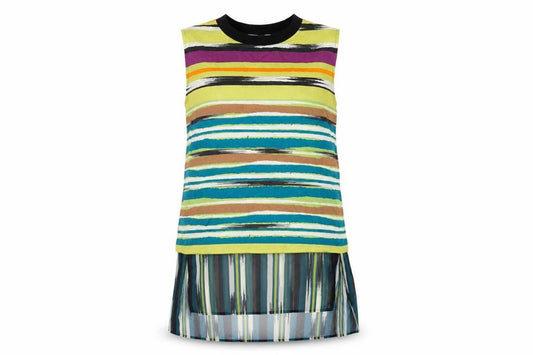 Front view of Per Una women’s multicoloured striped viscose tunic tank, size UK 10, crew neck