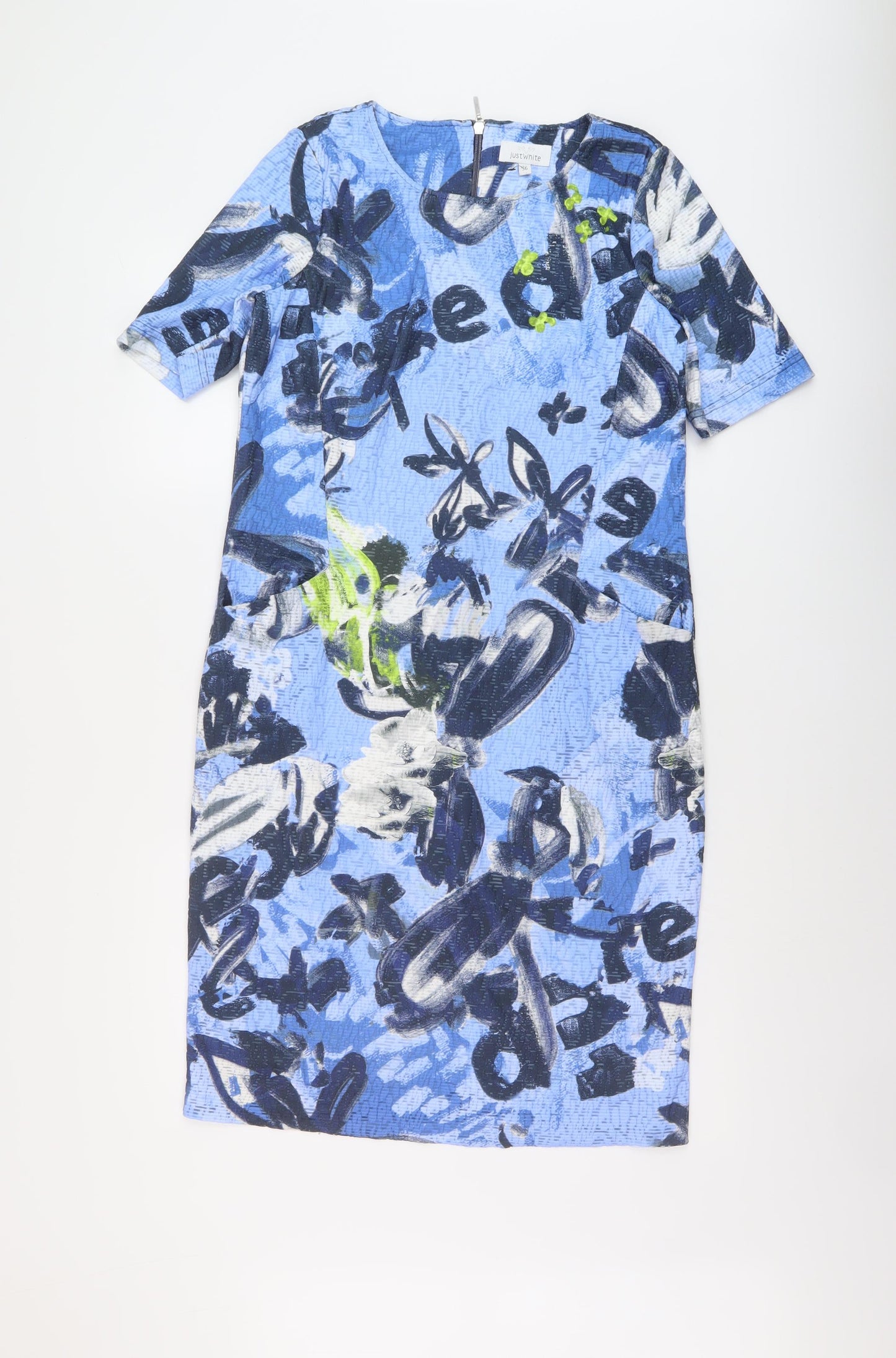 Just White Womens Black Geometric Polyester Sheath Size 8 Round Neck Zip