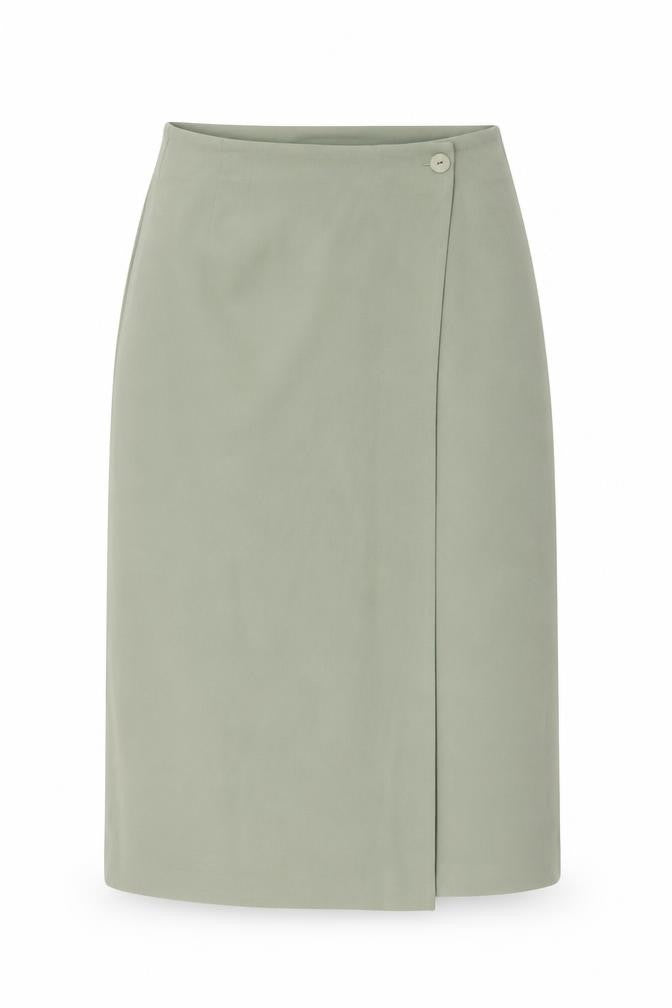 Front view of Wallis women’s green polyester wrap skirt, size UK 12, button