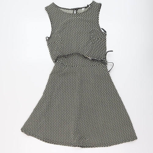 New Look Womens Black Geometric Polyester A-Line Size 8 Round Neck Button