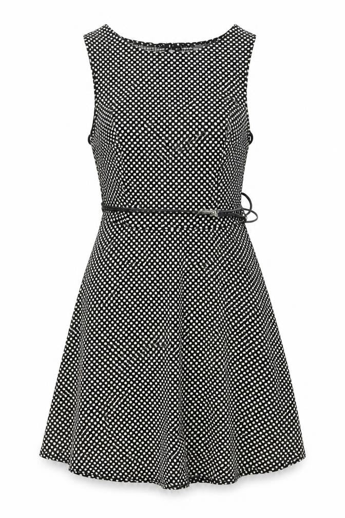 Front view of New Look women’s black geometric polyester a-line, size UK 8, round neck button
