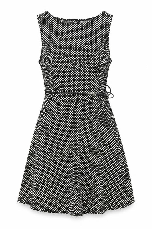 Front view of New Look women’s black geometric polyester a-line, size UK 8, round neck button