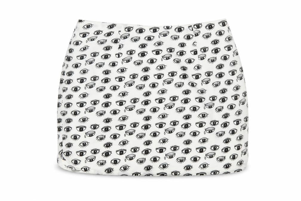 Front view of Neon Rose women’s white geometric polyester mini skirt, size UK 10, zip