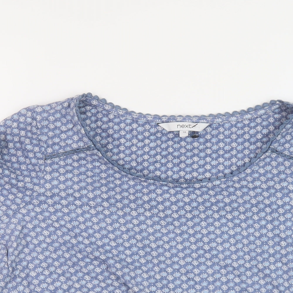 NEXT Womens Blue Geometric Cotton Basic T-Shirt Size 10 Round Neck