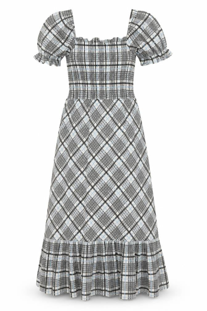 Front view of Topshop women’s multicoloured plaid cotton a-line, size UK 6, square neck pullover