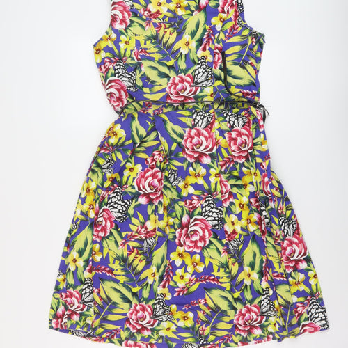 M&Co Womens Multicoloured Floral Cotton A-Line Size 12 Round Neck Zip