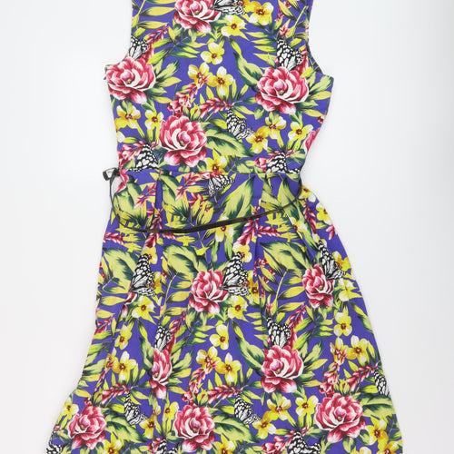 M&Co Womens Multicoloured Floral Cotton A-Line Size 12 Round Neck Zip