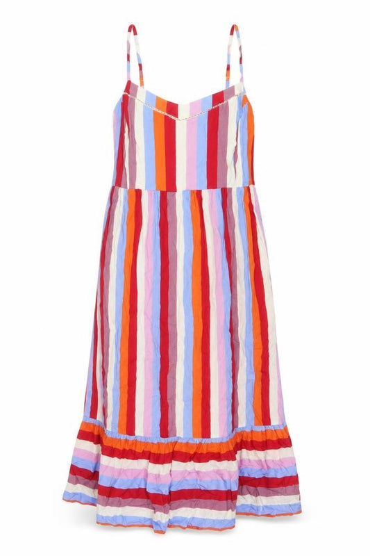 Front view of Marks & Spencer women’s multicoloured striped viscose a-line, size UK 14, sweetheart pullover
