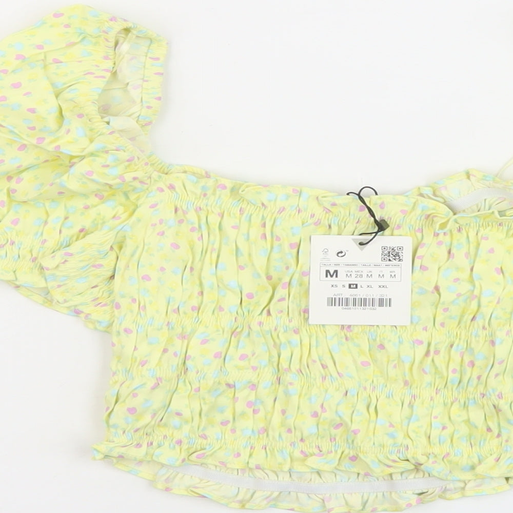 Zara Womens Yellow Geometric Viscose Cropped T-Shirt Size M Square Neck