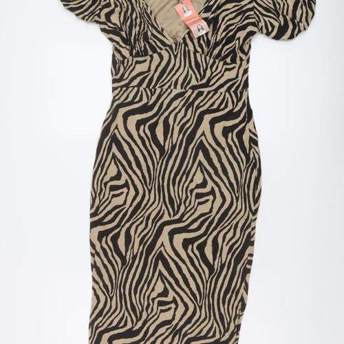 Boohoo Womens Beige Animal Print Viscose Bodycon Size 14 V-Neck Pullover