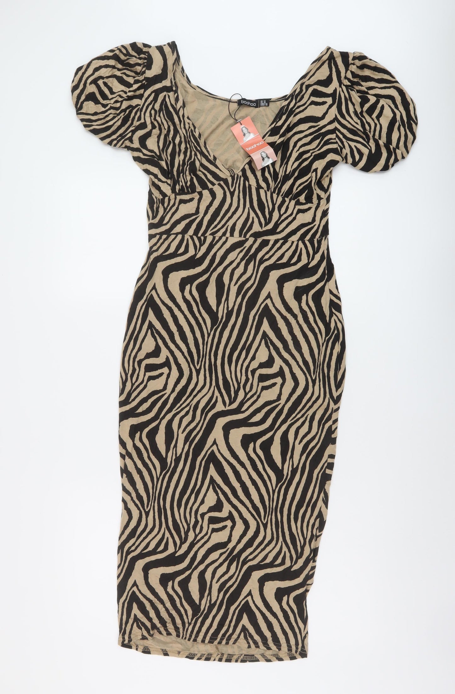 Boohoo Womens Beige Animal Print Viscose Bodycon Size 14 V-Neck Pullover