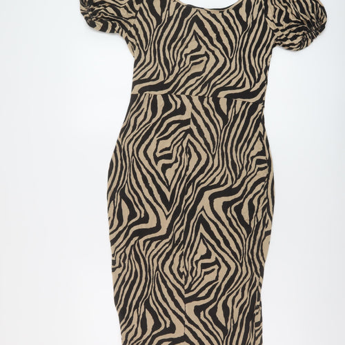 Boohoo Womens Beige Animal Print Viscose Bodycon Size 14 V-Neck Pullover