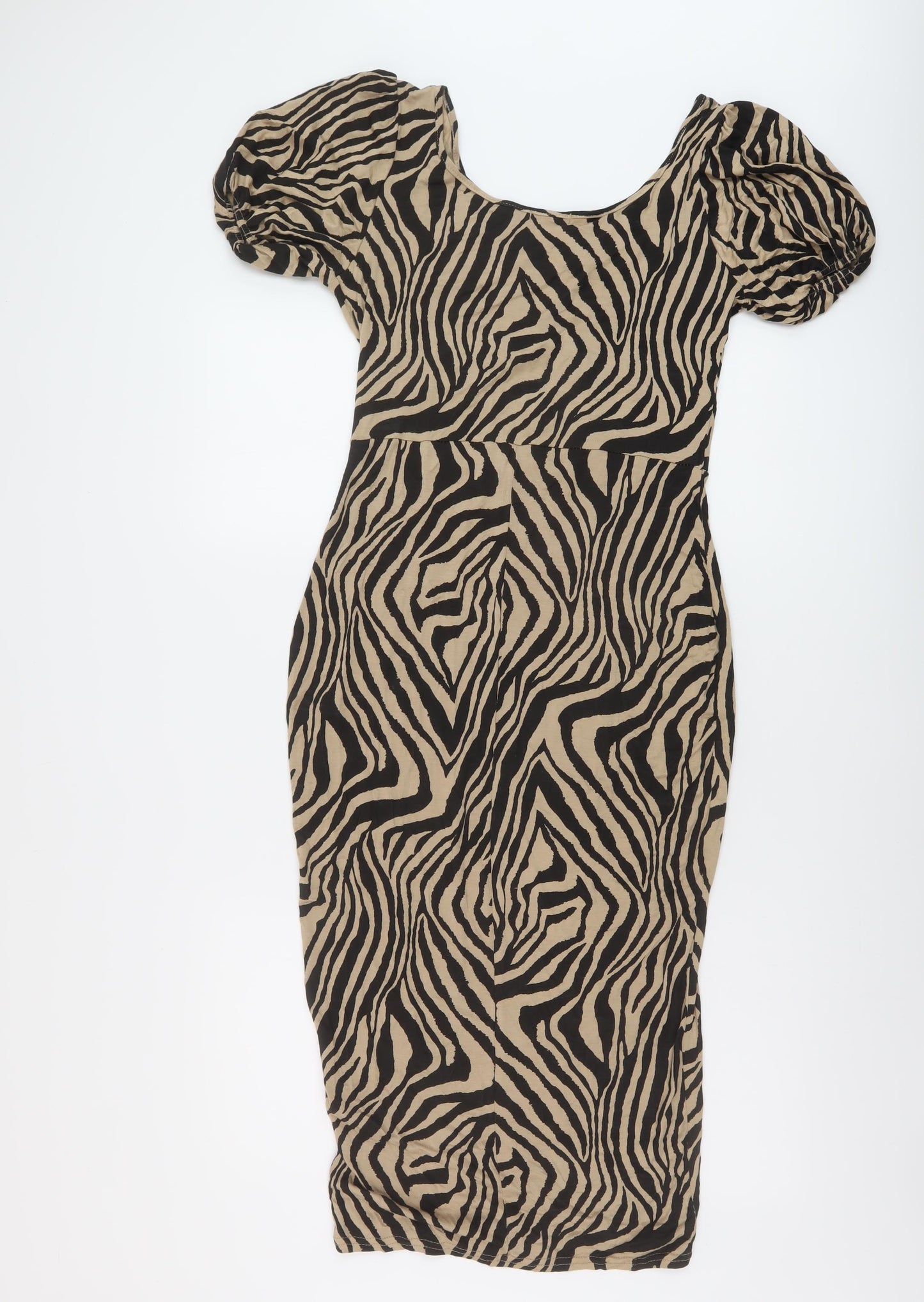 Boohoo Womens Beige Animal Print Viscose Bodycon Size 14 V-Neck Pullover