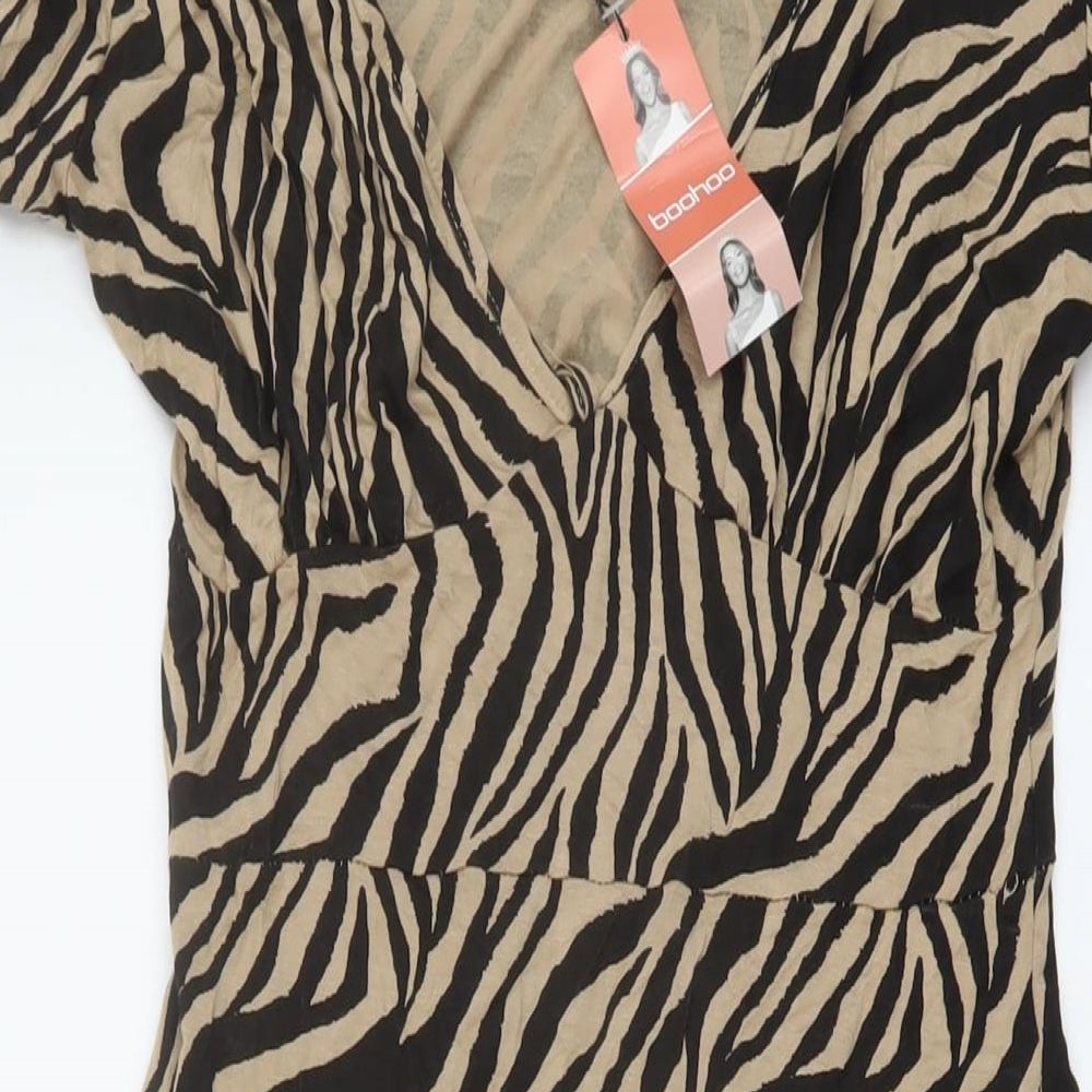 Boohoo Womens Beige Animal Print Viscose Bodycon Size 14 V-Neck Pullover