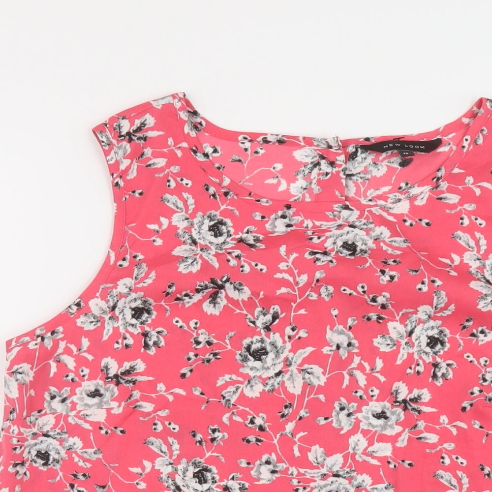 New Look Womens Pink Floral Polyester Basic Tank Size 12 Round Neck