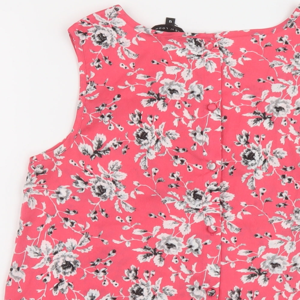 New Look Womens Pink Floral Polyester Basic Tank Size 12 Round Neck