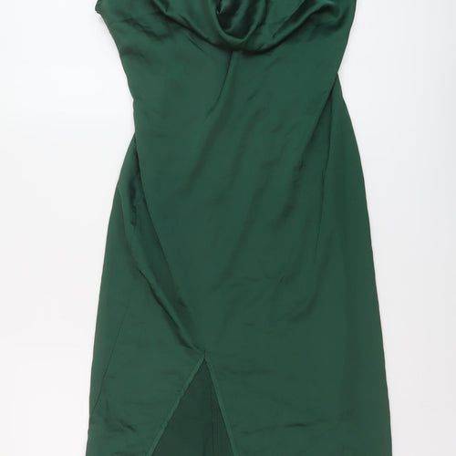 PRETTYLITTLETHING Womens Green Polyester Slip Dress Size 10 Cowl Neck Zip