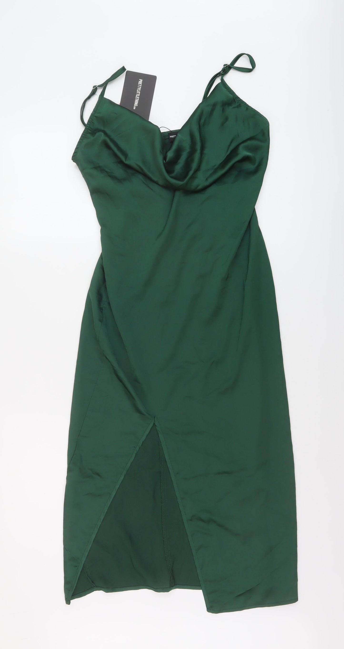 PRETTYLITTLETHING Womens Green Polyester Slip Dress Size 10 Cowl Neck Zip