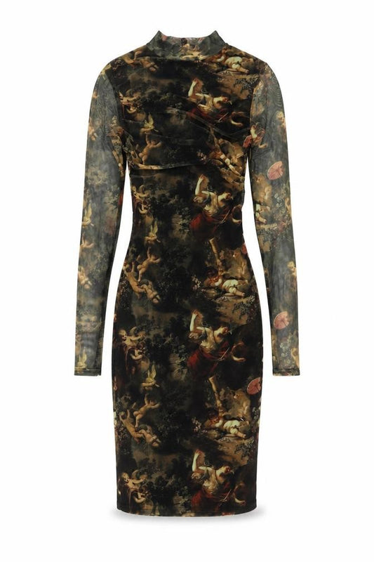 Front view of PRETTYLITTLETHING women’s green geometric polyester bodycon, size UK 6, mock neck zip