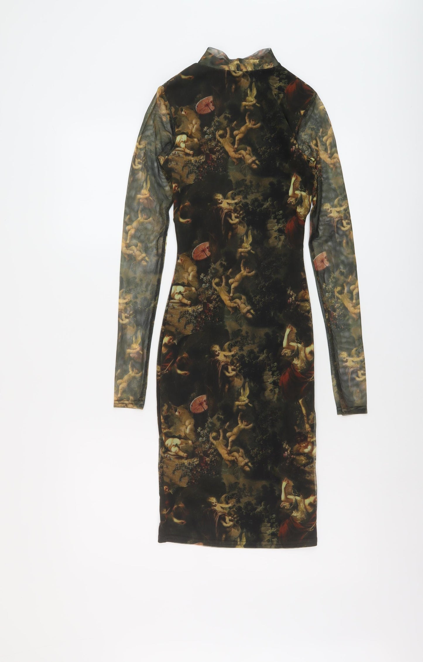 PRETTYLITTLETHING Womens Green Geometric Polyester Bodycon Size 6 Mock Neck Zip