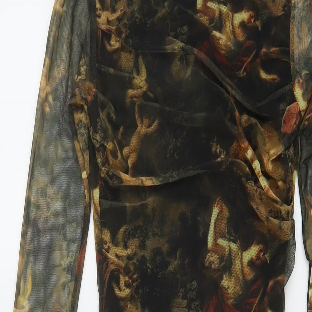 PRETTYLITTLETHING Womens Green Geometric Polyester Bodycon Size 6 Mock Neck Zip