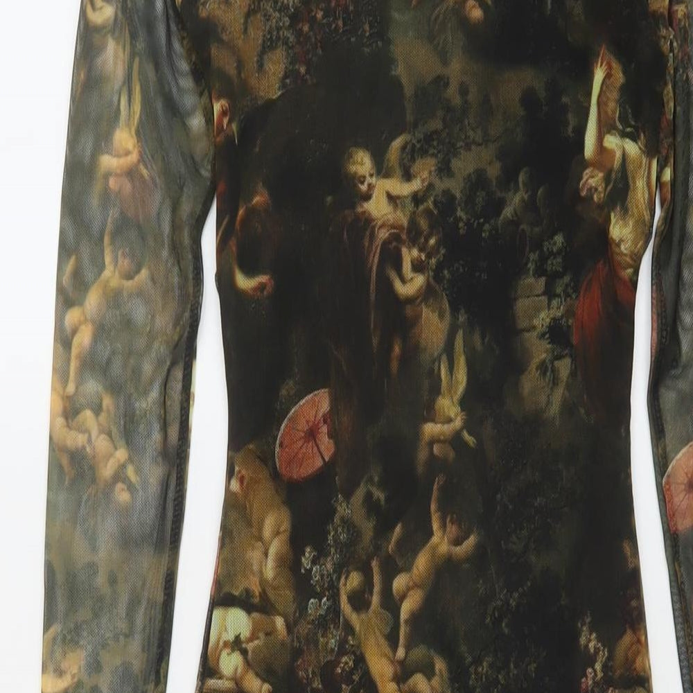 PRETTYLITTLETHING Womens Green Geometric Polyester Bodycon Size 6 Mock Neck Zip