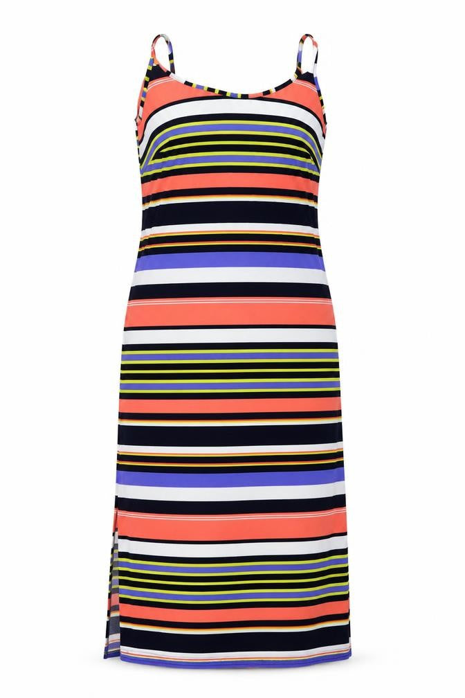 Front view of Kaleidoscope women’s multicoloured striped polyester a-line, size UK 14, round neck pullover
