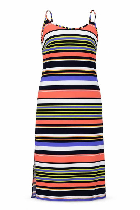 Front view of Kaleidoscope women’s multicoloured striped polyester a-line, size UK 14, round neck pullover