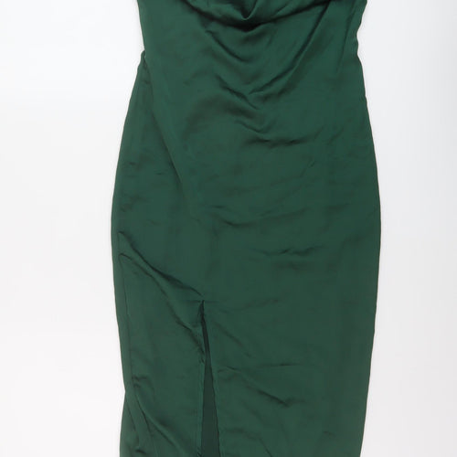 PRETTYLITTLETHING Womens Green Polyester Slip Dress Size 6 Cowl Neck Zip