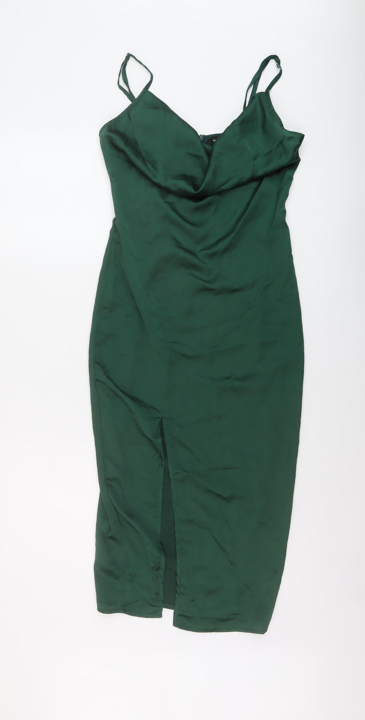 PRETTYLITTLETHING Womens Green Polyester Slip Dress Size 6 Cowl Neck Zip