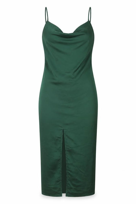Front view of PRETTYLITTLETHING women’s green polyester slip dress, size UK 6, cowl neck zip