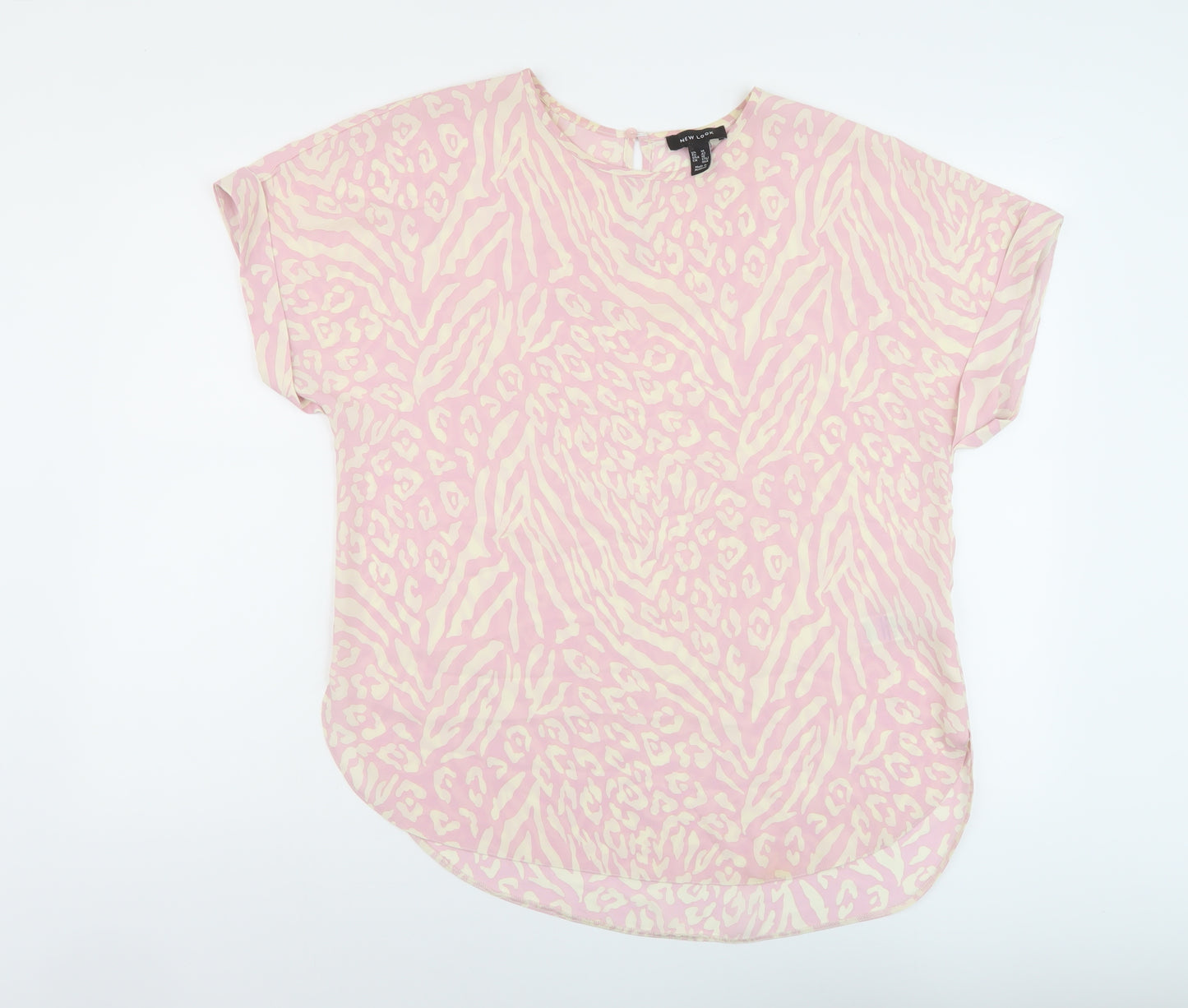 New Look Womens Pink Animal Print Polyester Basic T-Shirt Size 14 Round Neck