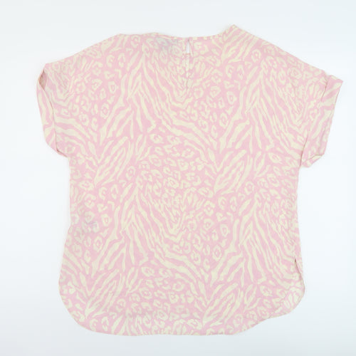 New Look Womens Pink Animal Print Polyester Basic T-Shirt Size 14 Round Neck