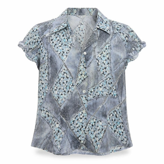 Front view of Steilmann women’s blue geometric polyester basic blouse, size UK 16, collared