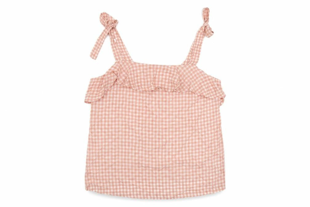 Front view of Next women’s pink check viscose basic blouse, size UK 14, square neck