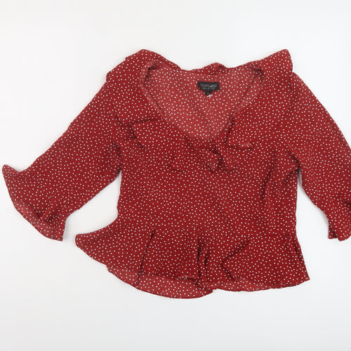 Topshop Womens Red Polka Dot Polyester Basic Blouse Size 8 V-Neck