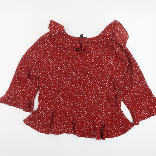 Topshop Womens Red Polka Dot Polyester Basic Blouse Size 8 V-Neck