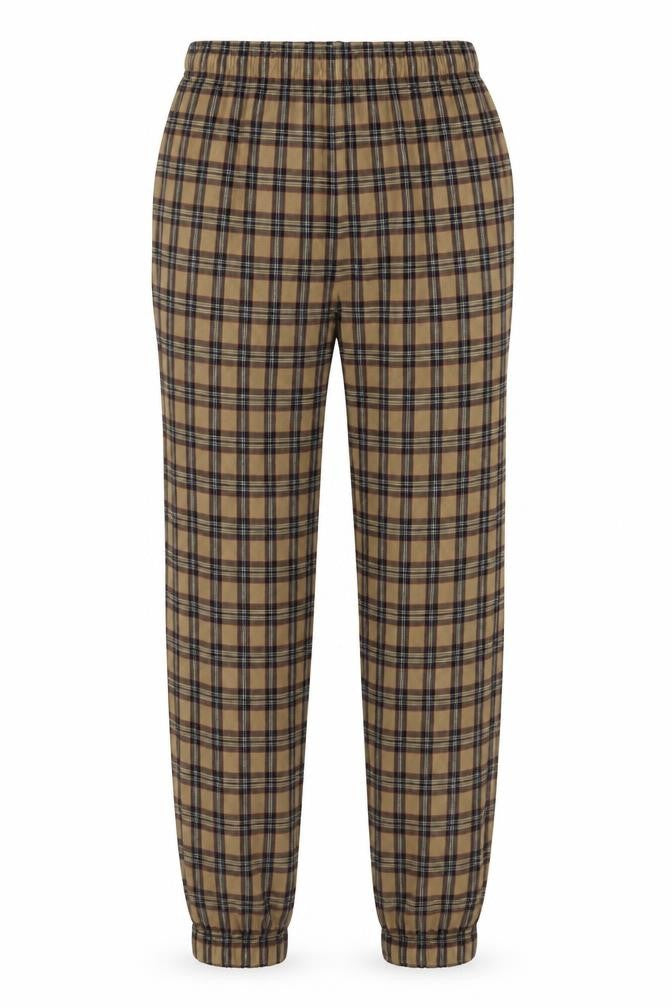 Front view of Pull&Bear women’s brown plaid polyester trousers, size S, 27-inch leg regular button