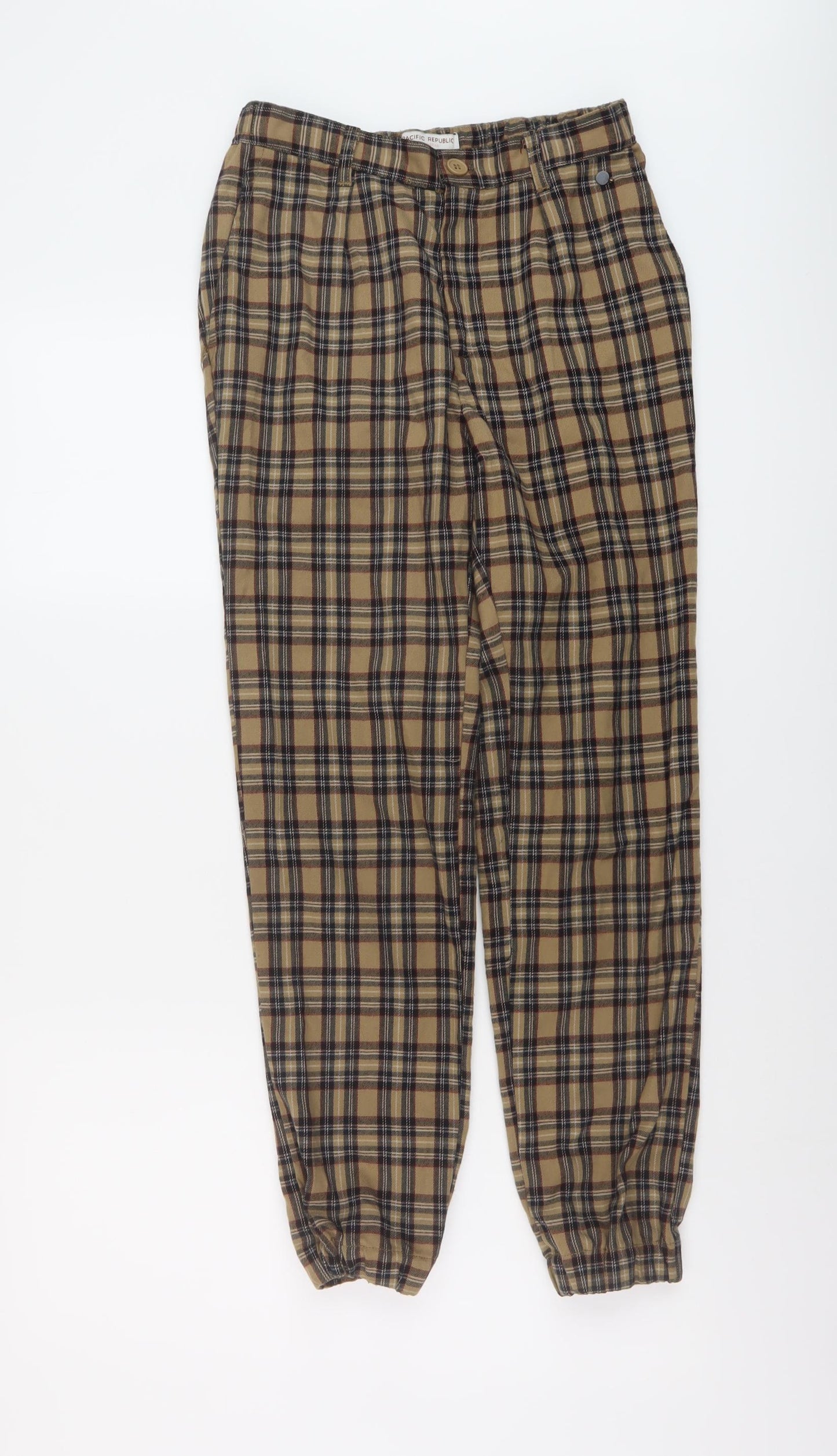 Pull&Bear Womens Brown Plaid Polyester Trousers Size S L27 in Regular Button
