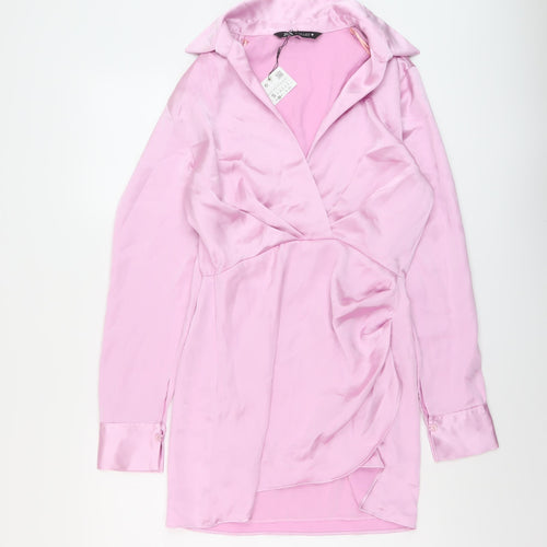 Zara Womens Pink Polyester Shirt Dress Size S V-Neck Zip