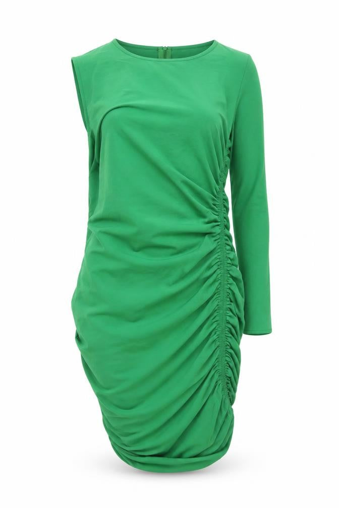 Front view of Zara women’s green polyester bodycon, size M, round neck zip
