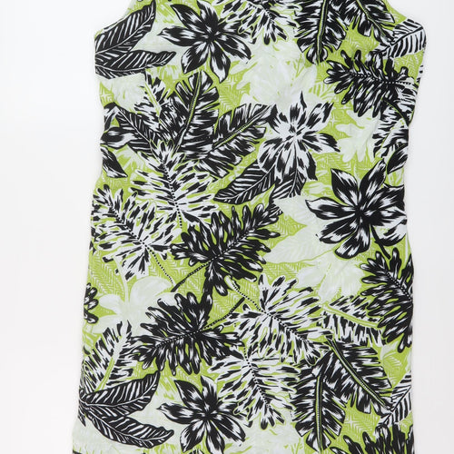 Wallis Womens Green Geometric Viscose Tank Dress Size 14 V-Neck Button