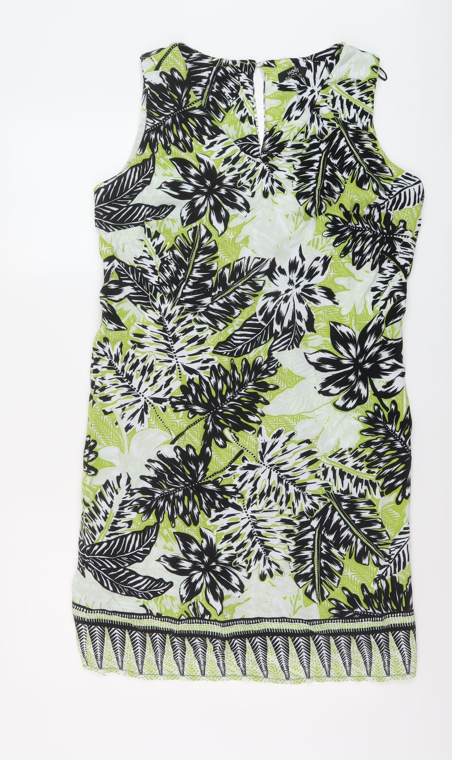 Wallis Womens Green Geometric Viscose Tank Dress Size 14 V-Neck Button