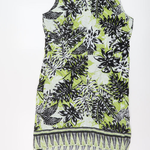 Wallis Womens Green Geometric Viscose Tank Dress Size 14 V-Neck Button