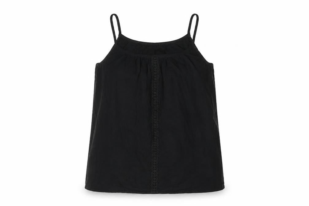 Front view of Page One women’s black viscose basic tank, size UK 10, round neck