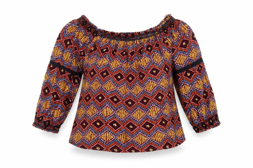 Front view of Marks & Spencer women’s multicoloured geometric viscose basic blouse, size UK 10, round neck