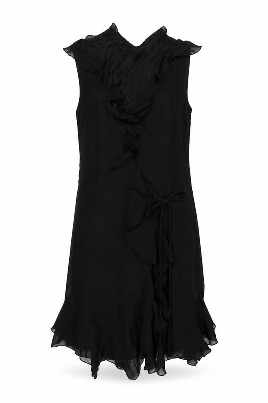 Front view of Zara women’s black viscose wrap dress, size UK 12, v-neck tie - frill